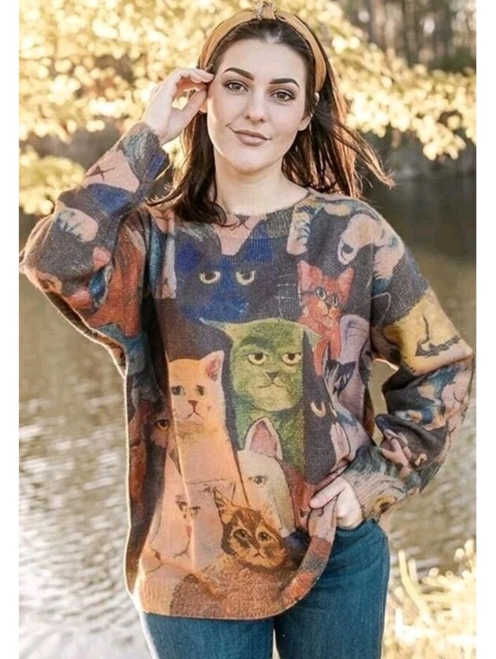 Womens  Cat Lovers Oversized Soft Cozy Graphic Pullover Wool Cotton Sweater XL